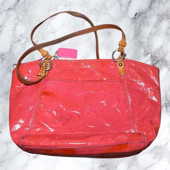 Coach Patent Leather Signature Tote Bag Pink Coral Shoulder Bag Turnlock F14663 - Picture 2 of 7